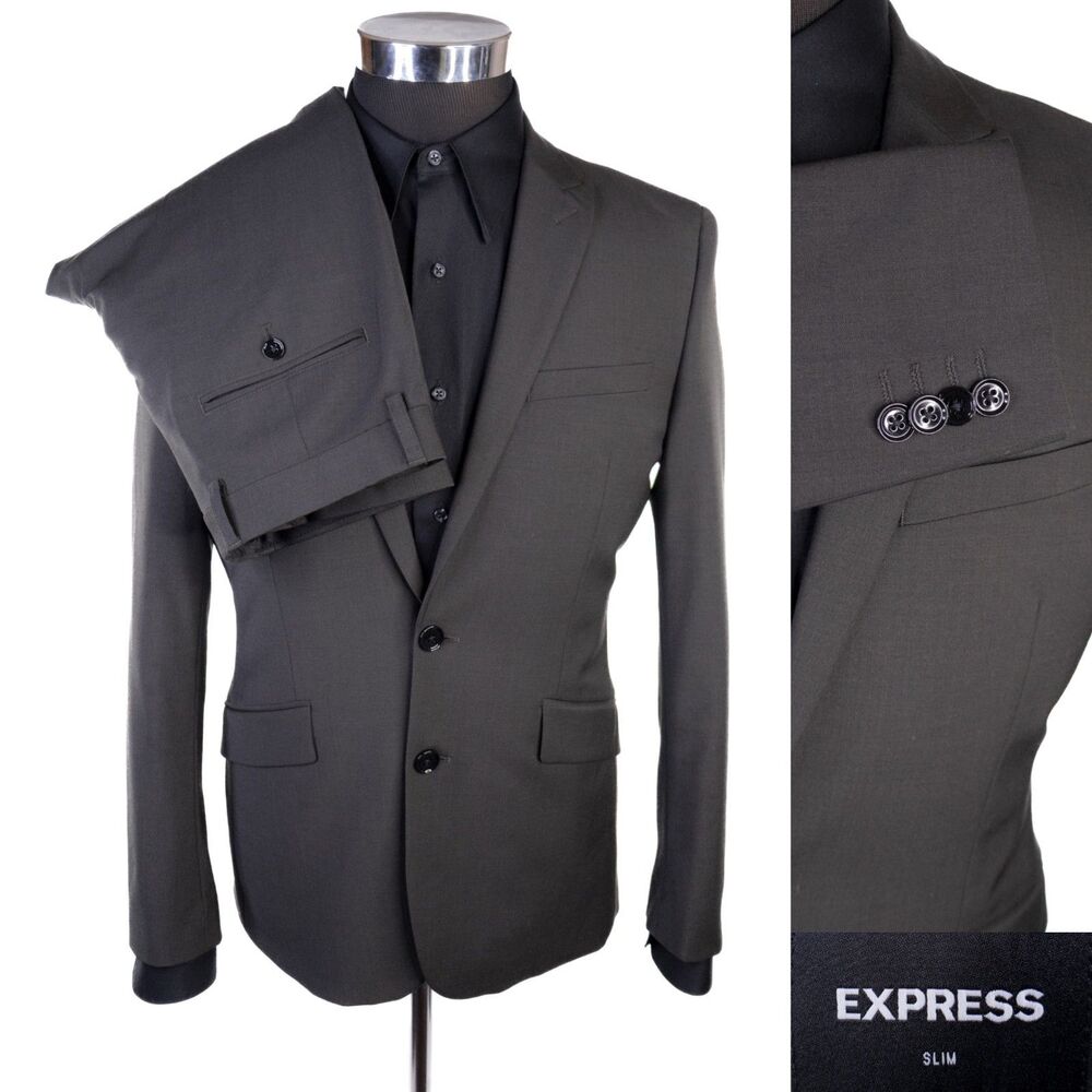 Express Slim 2-Pcs Solid Olive Green Suit Jacket Blazer Sz 36S Pants 30X28